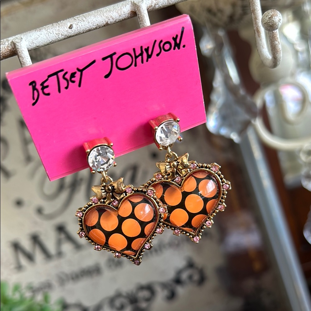 Vintage Betsey Johnson Orange polka dot Heart & crystal Dangle Earrings